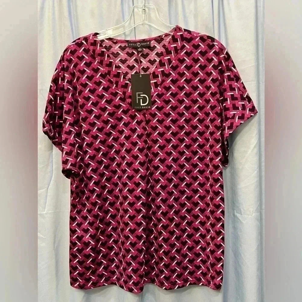 Fred David Women's Purple Geometric V-Neck Short Sleeve Blouse Size S